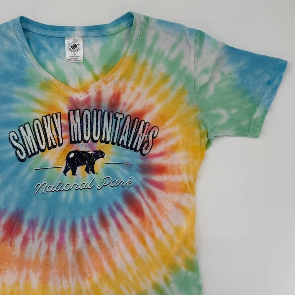 Rainbow Tiedye V-Neck Logo T-shirt Smoky Mountains National Park Size Women's M - Picture 2 of 6